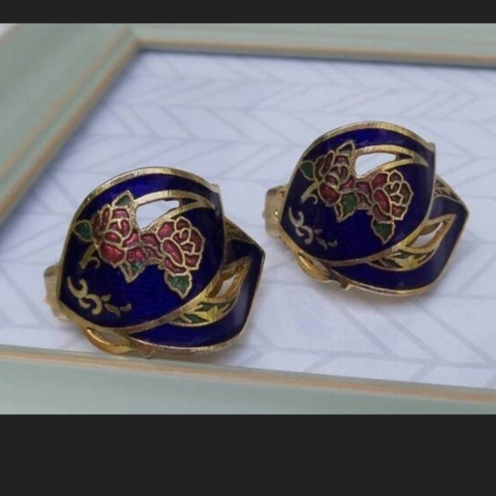 Vintage Blue Floral Curved Leaf Cloisonné Clip On Earrings‎
